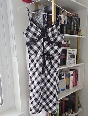ROMWE Cotton Blend Black and White Plaid Slip Dress with Lace